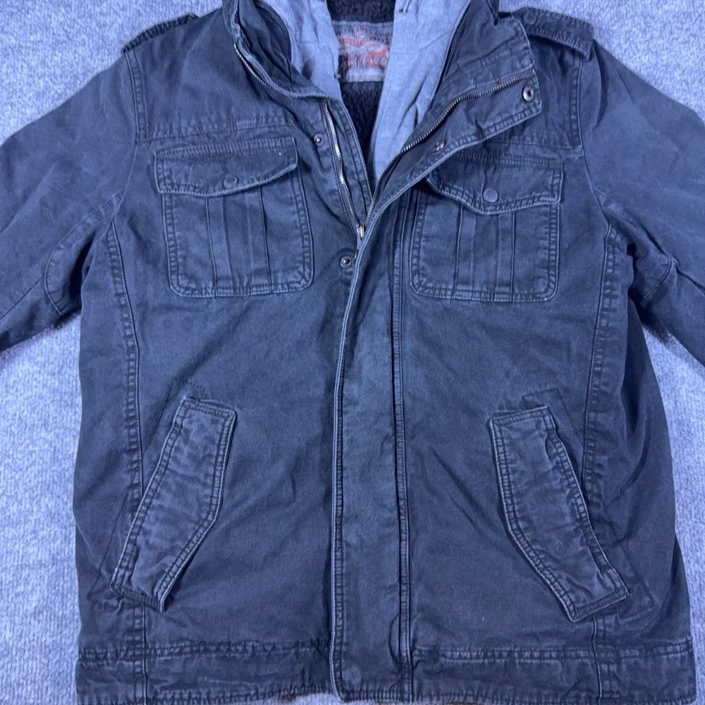 Levis Mens Military Field Jacket Grey Hooded Sherpa Lined Canvas Coat Small